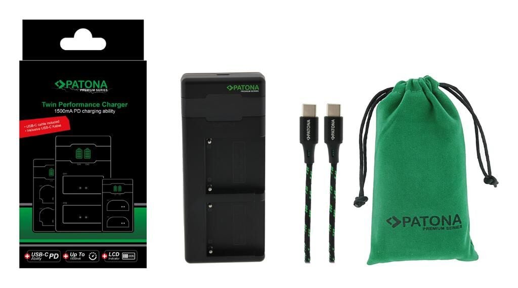 Patona 161951 Premium NP-FM50, NP-F550, NP-F750, NP-F970 Sony İkili USB-C Şarj Cihazı + PD20W Adaptör