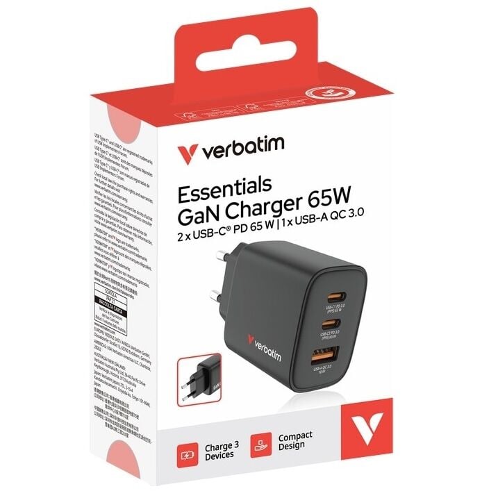 Verbatim Essentials GaN Charger 65W 2x USB-C PD 65W 1x USB-A QC 3.0