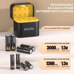 Imuto 3000 mWh AA & 1300 mWh AAA Lityum Şarjlı Pil Seti (4+4) Yuvalı Şarj Ünitesi