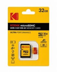 Kodak 32GB UHS-I U3/V30/A1 MicroSD Kart + Adaptör (Kırmızı)
