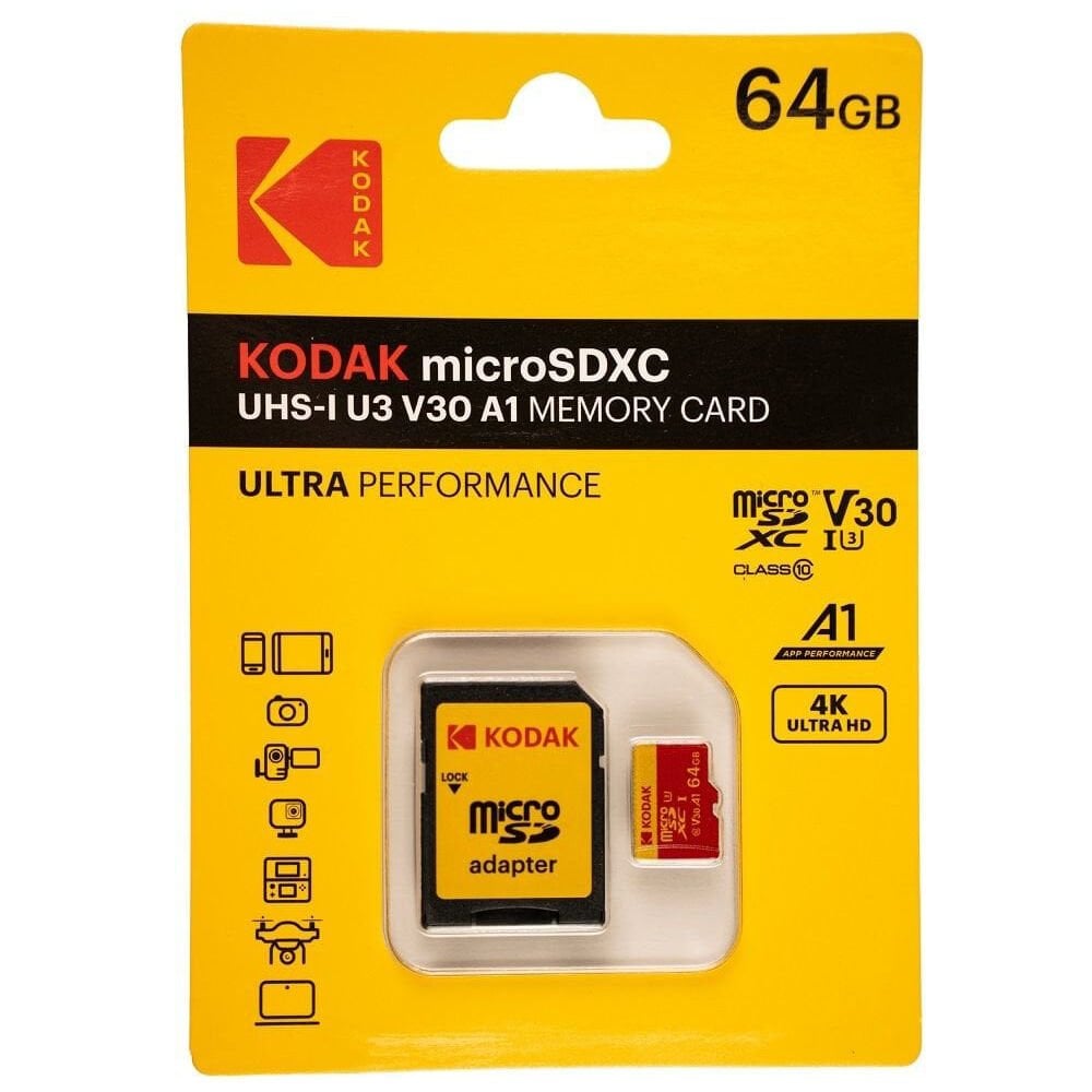 Kodak 64GB UHS-I U3/V30/A1 Red MicroSD + Adaptör