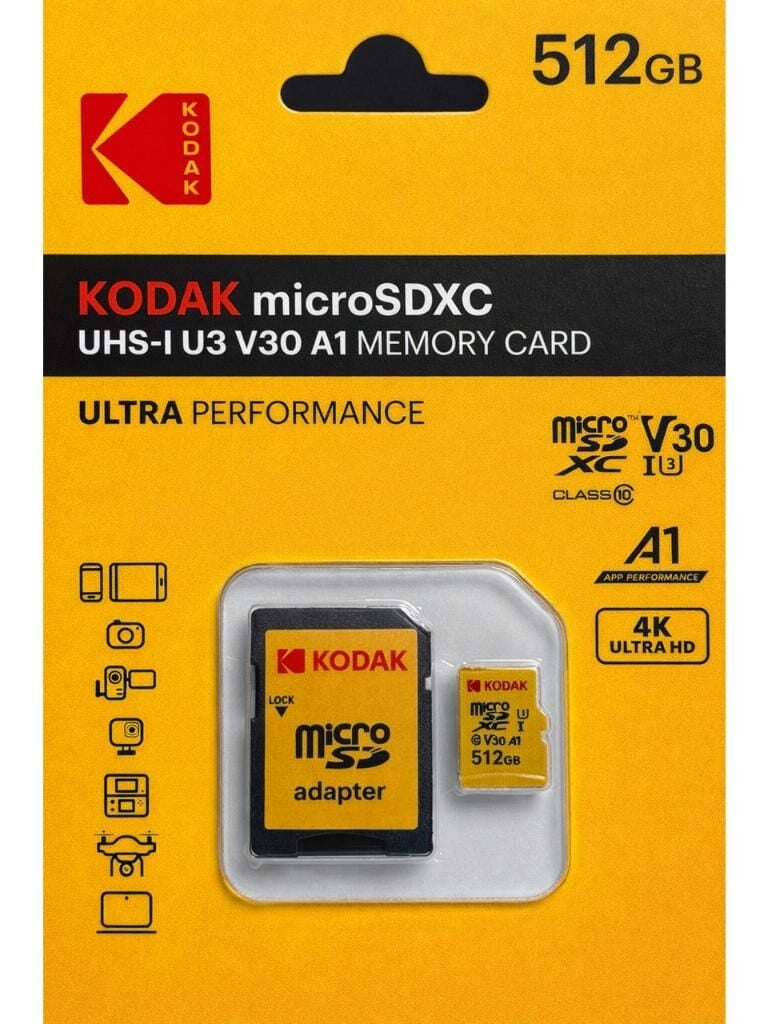 Kodak 512GB UHS-I U3/V30/A1 Yellow MicroSD + Adaptör