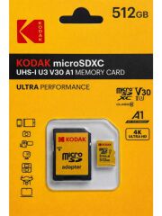 Kodak 512GB UHS-I U3/V30/A1 Yellow MicroSD + Adaptör