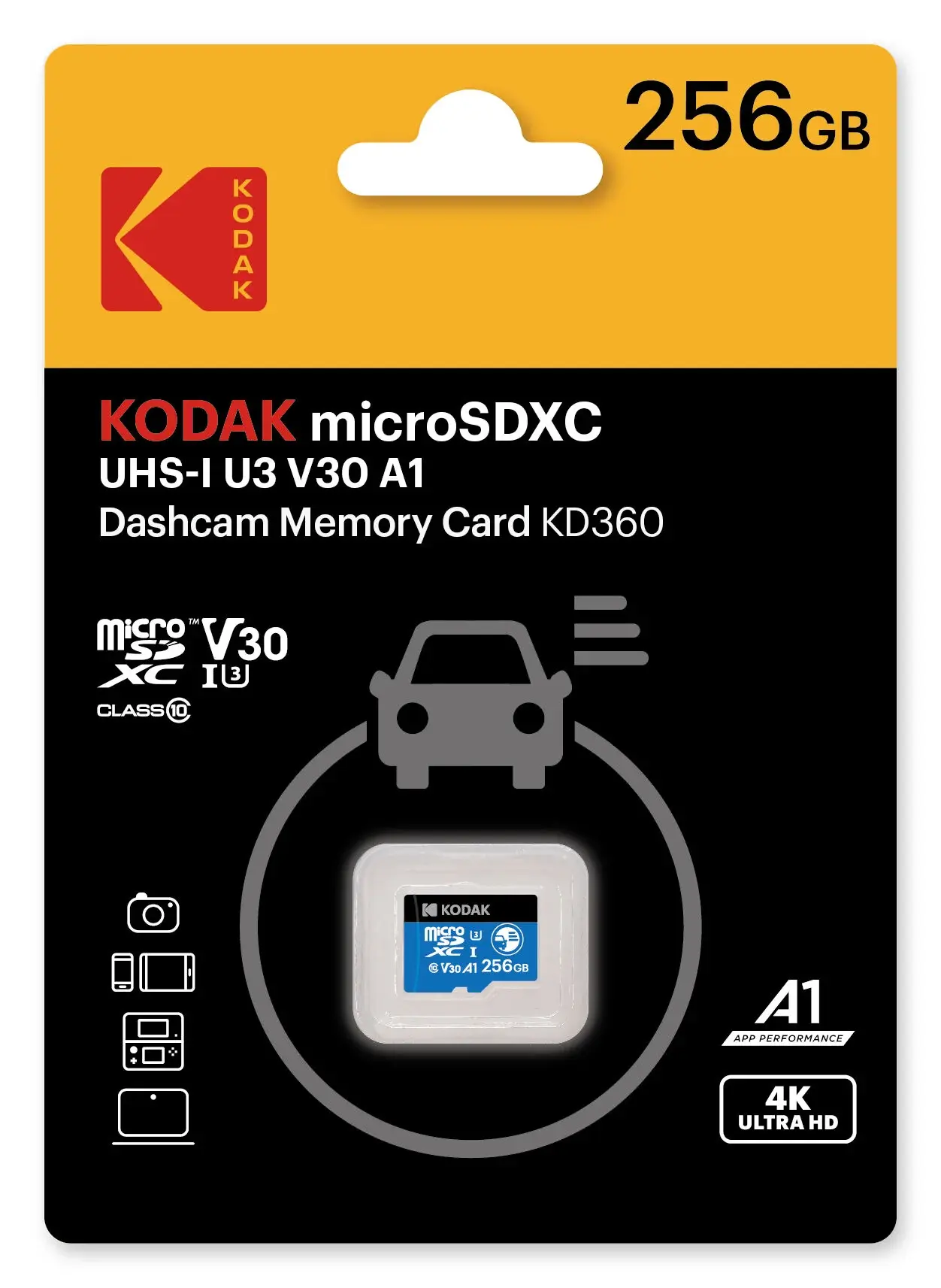 Kodak 256GB UHS-I U3/V30/A1 Araç Kamerası için MicroSD Kart KD360